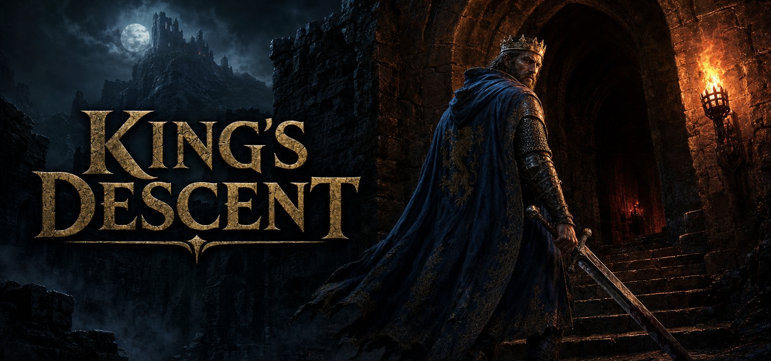 The king, crowned and cloaked in blue, looking back over his shoulder at the top of a dark stone stair
