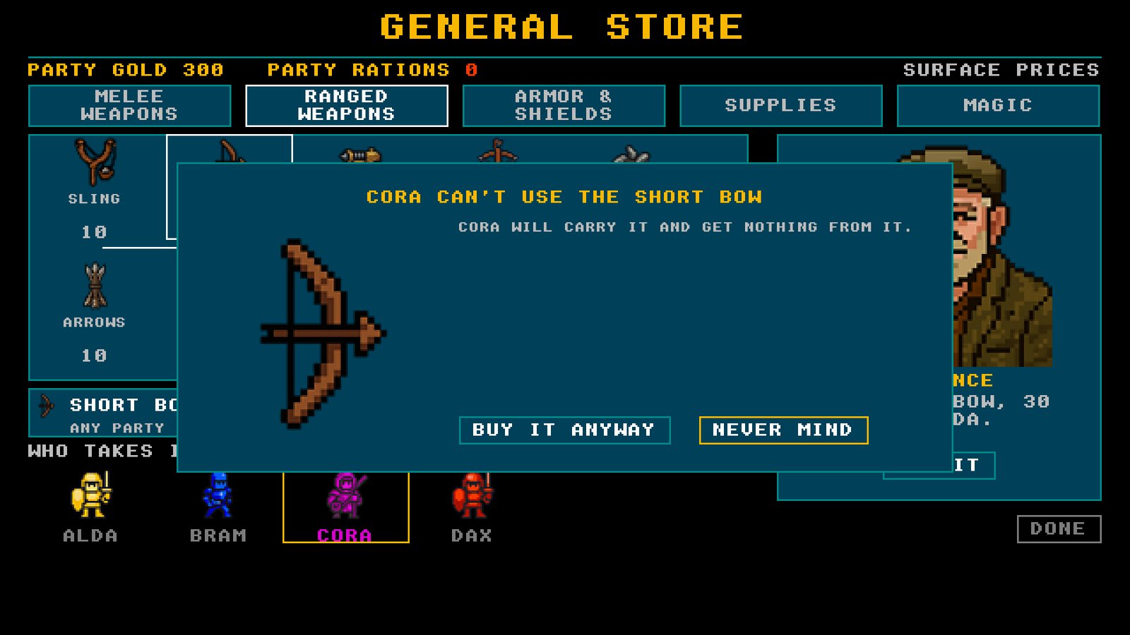 The general store, asking whether to buy Cora a short bow she cannot use