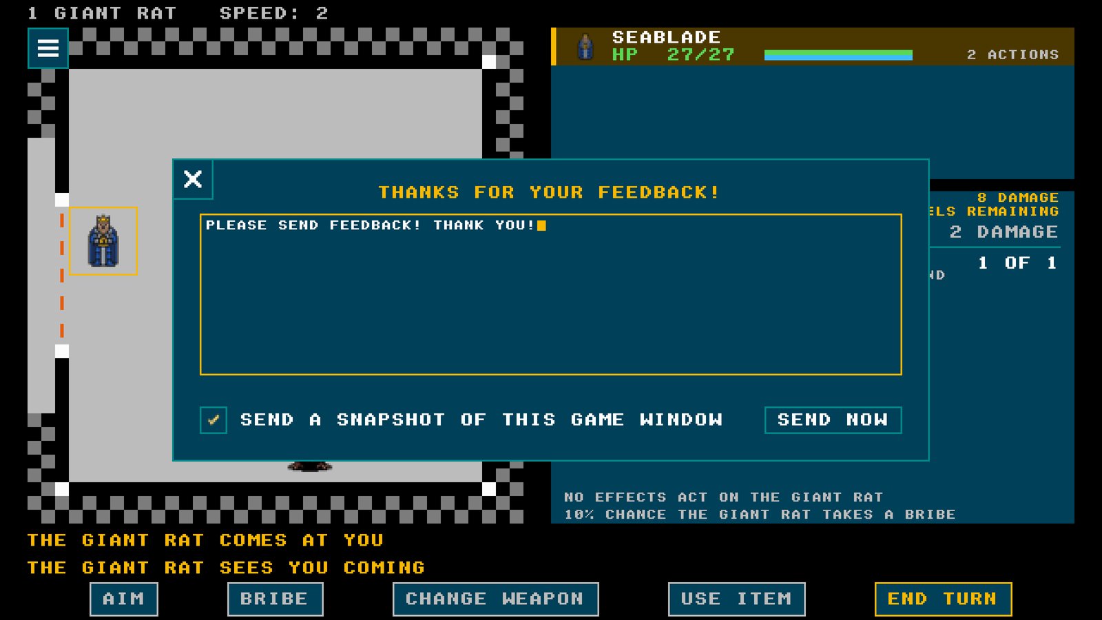 The feedback panel open over a fight with a giant rat, a note typed in and the snapshot box checked