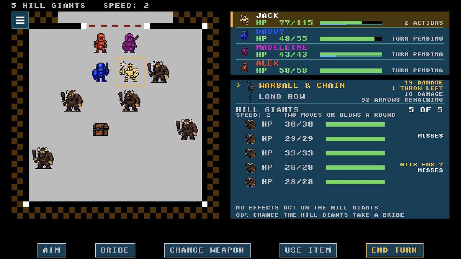 A fight with five hill giants in a room, the party's turn order and the giants' health beside it