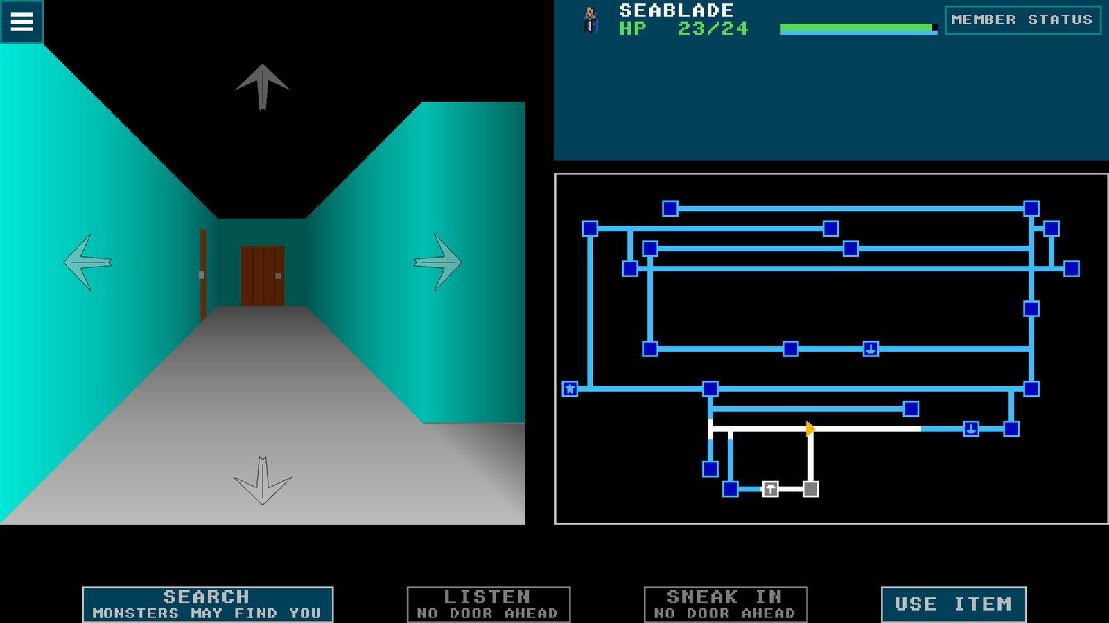A first-person corridor with a door ahead, the party's status and the floor map beside it