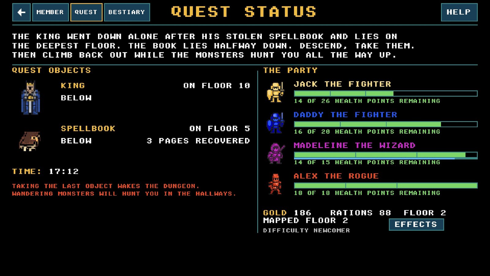 The quest status screen: where the king and the spellbook lie, and the party's health