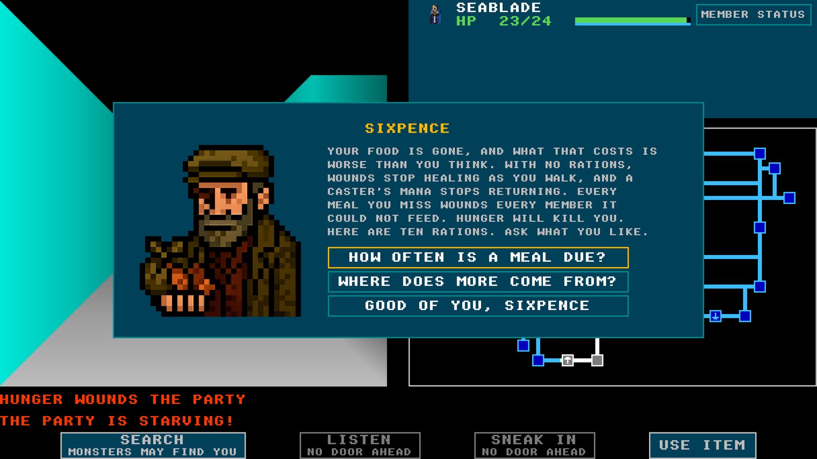 Sixpence the shopkeeper, warning a starving party about hunger