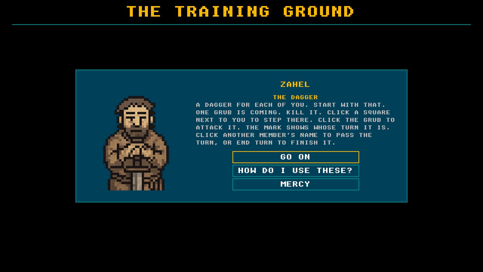 Zahel in the training yard, explaining a lesson to the party