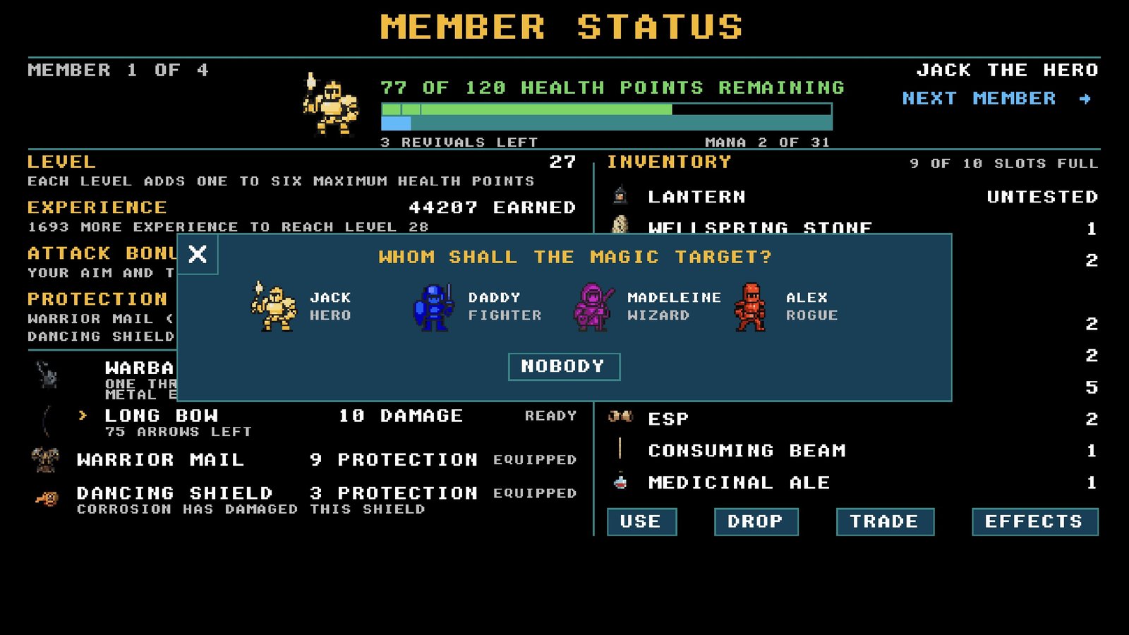 A member's status sheet, asking whom the magic shall target