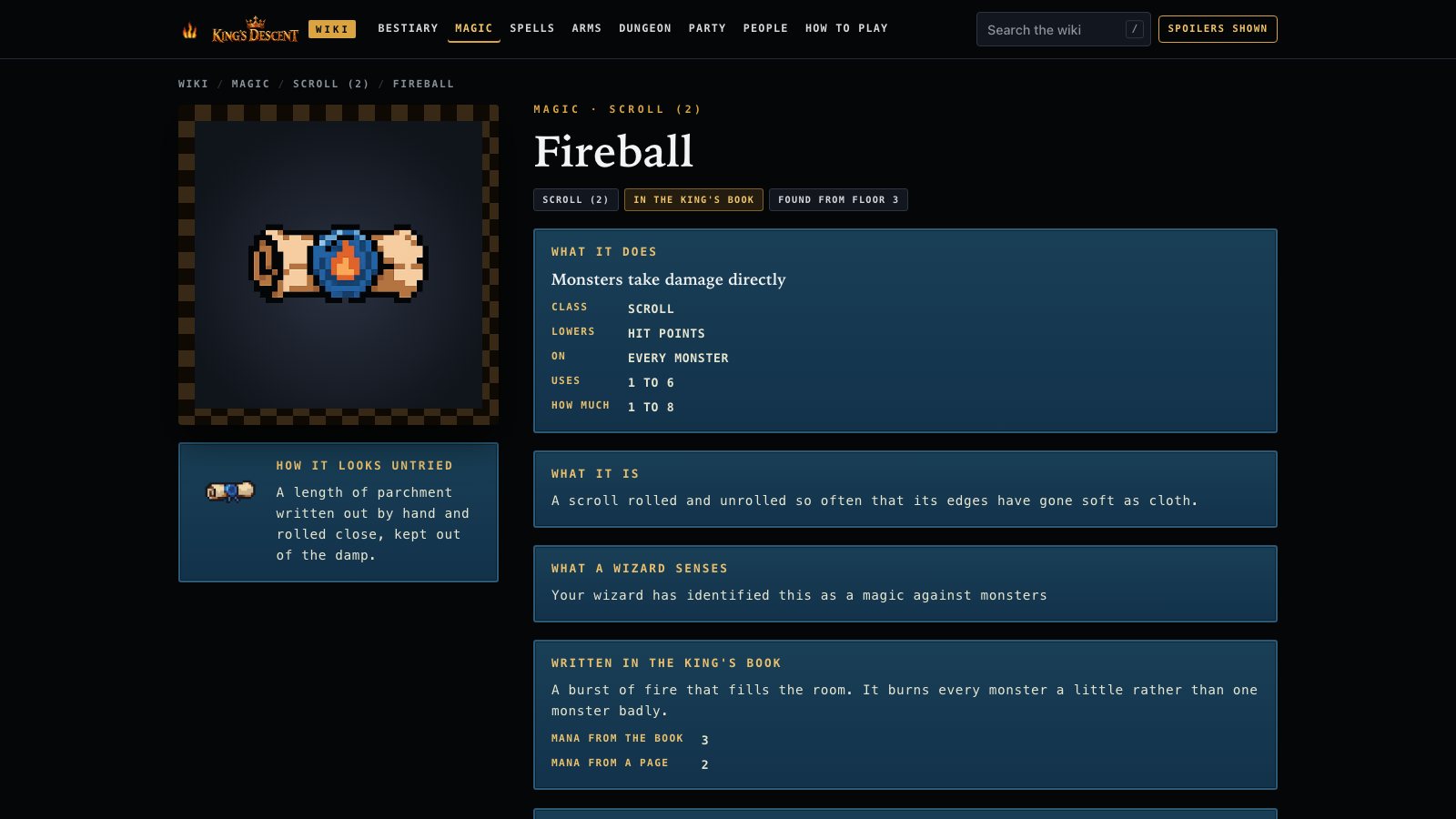 The Fireball scroll's page in the wiki: how it looks untried, what it does, and what the king's spellbook says about it
