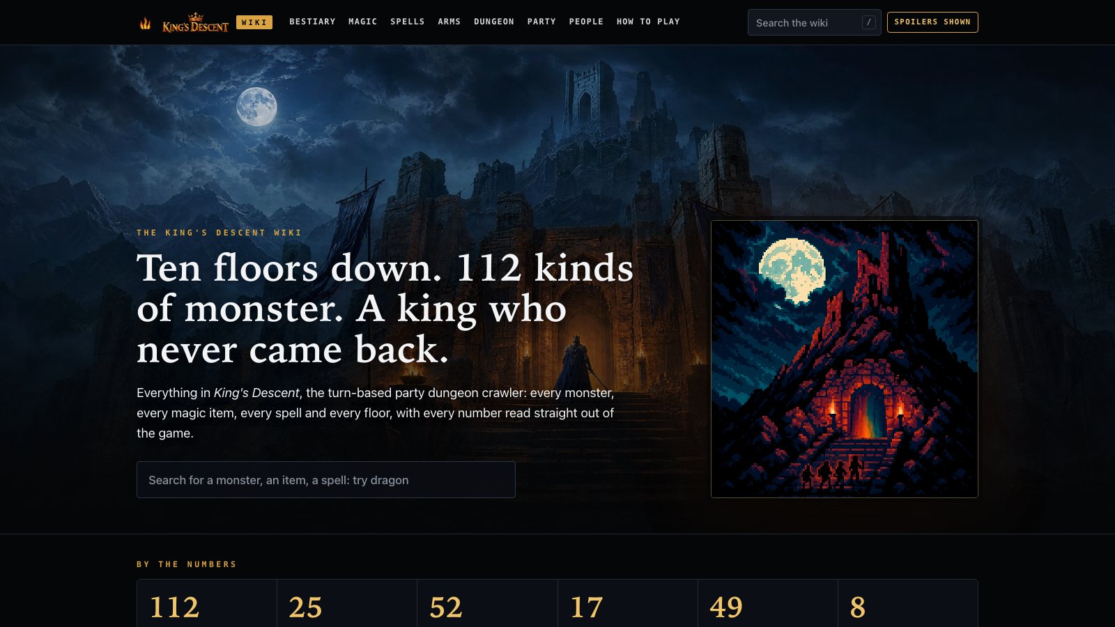 The front page of the King's Descent wiki, with its search box and the castle above the stair