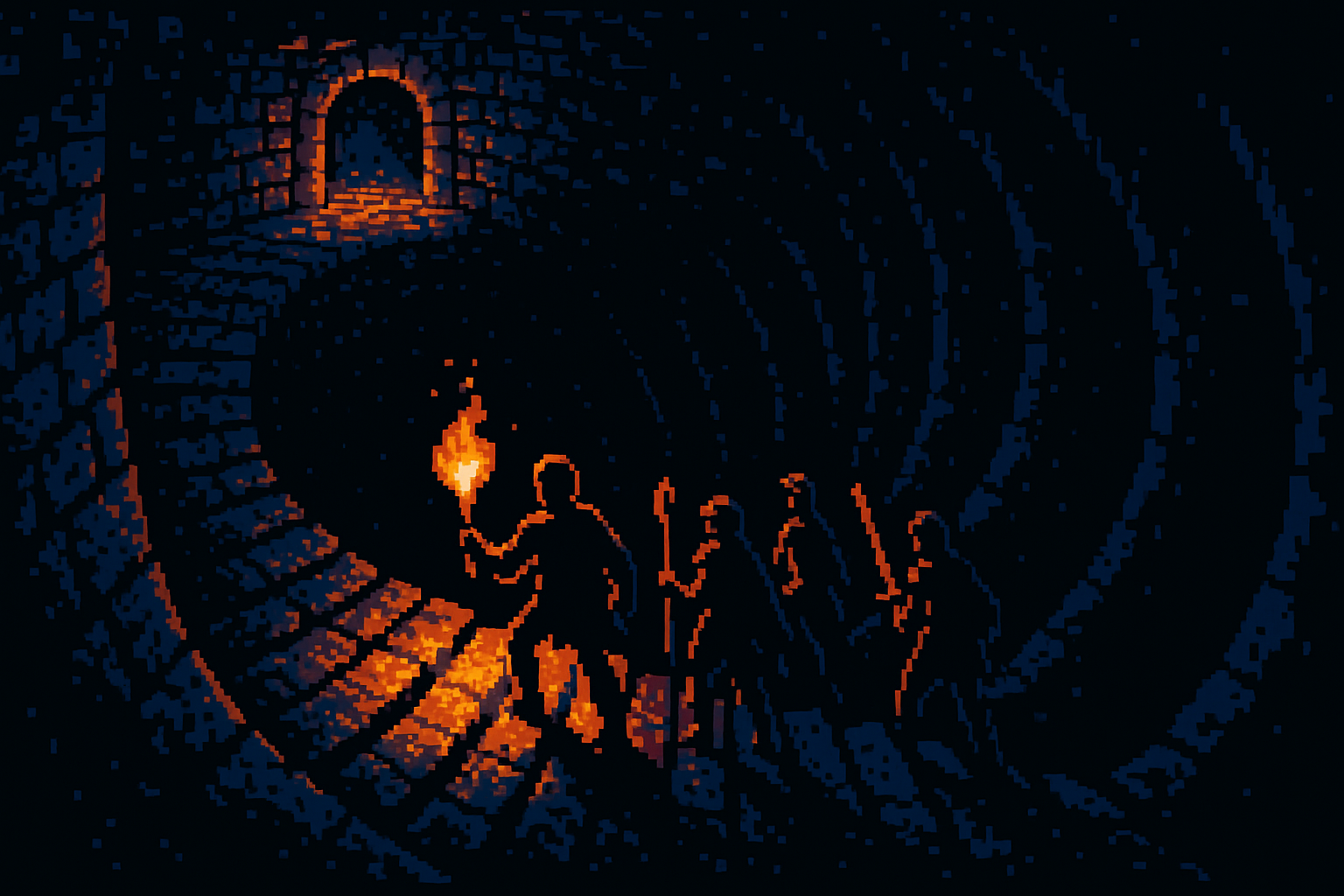 A party with torches going down a spiral stair